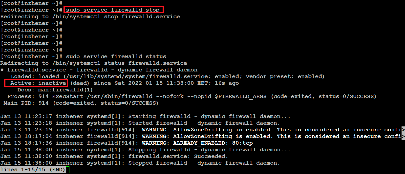 how to temporarily or completely stop the Firewall service on the server