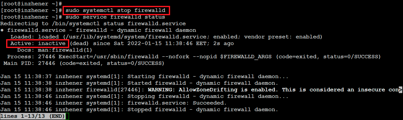 how to temporarily or completely stop the Firewall service on the server